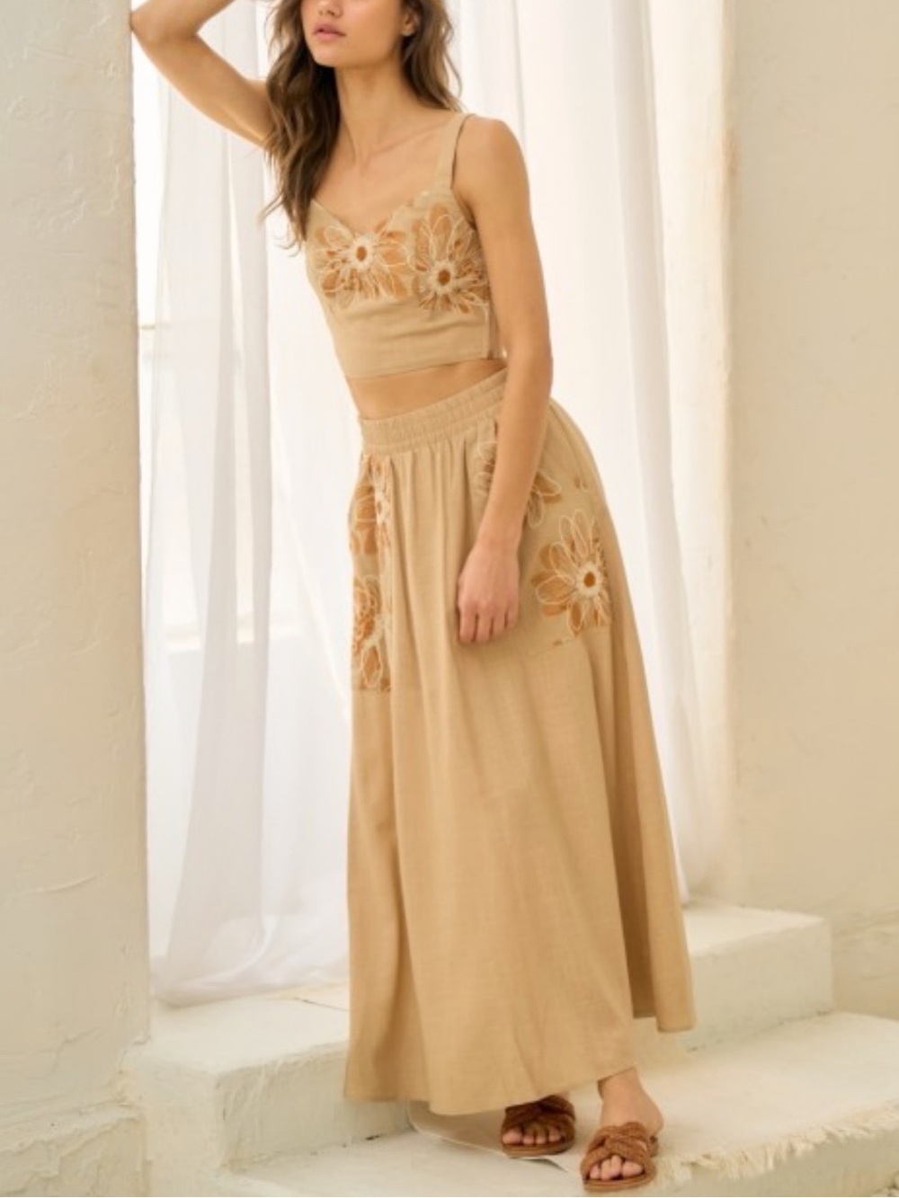 Embroidered Crop Top and Maxi Floral Set